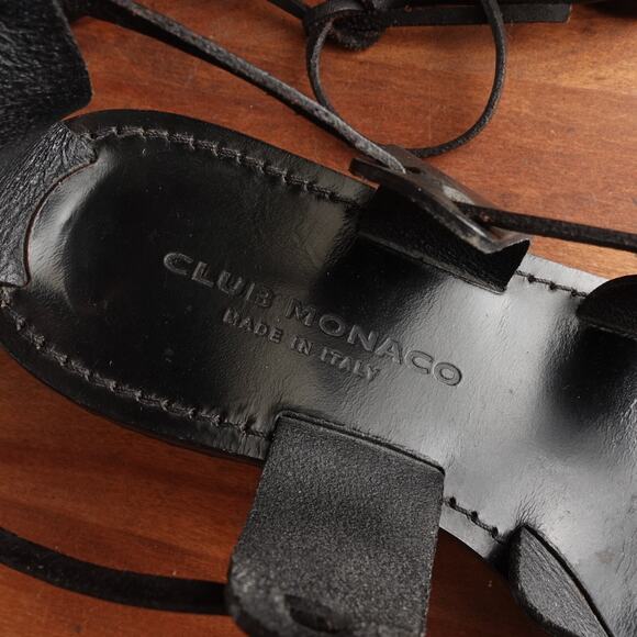 Club Monaco Sandals WMS SZ EU 37 US 6.5 BLK Leather Ankle Wrap Flat Boho Shoes - Picture 9 of 14